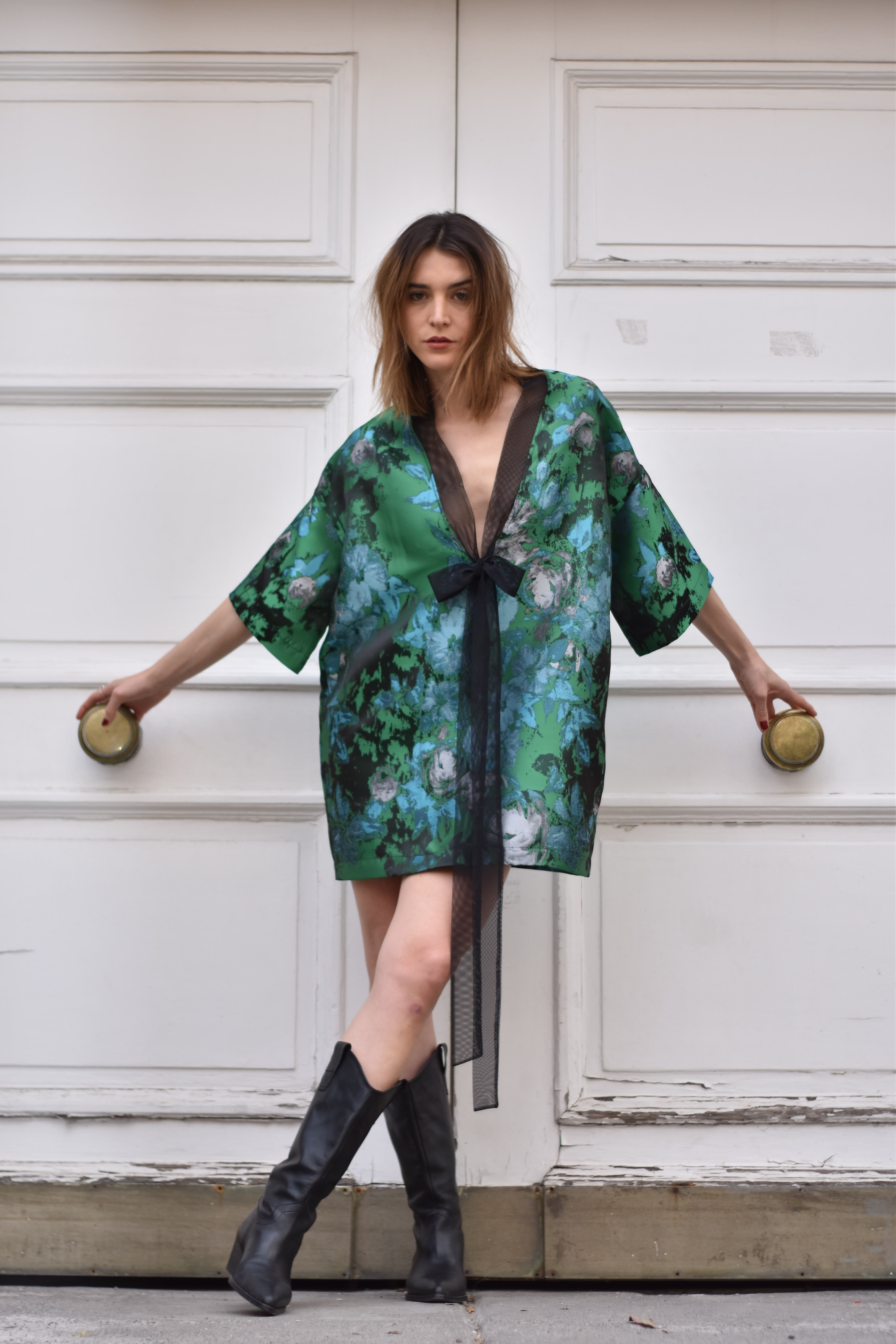 Vestido Satin Flores Verde