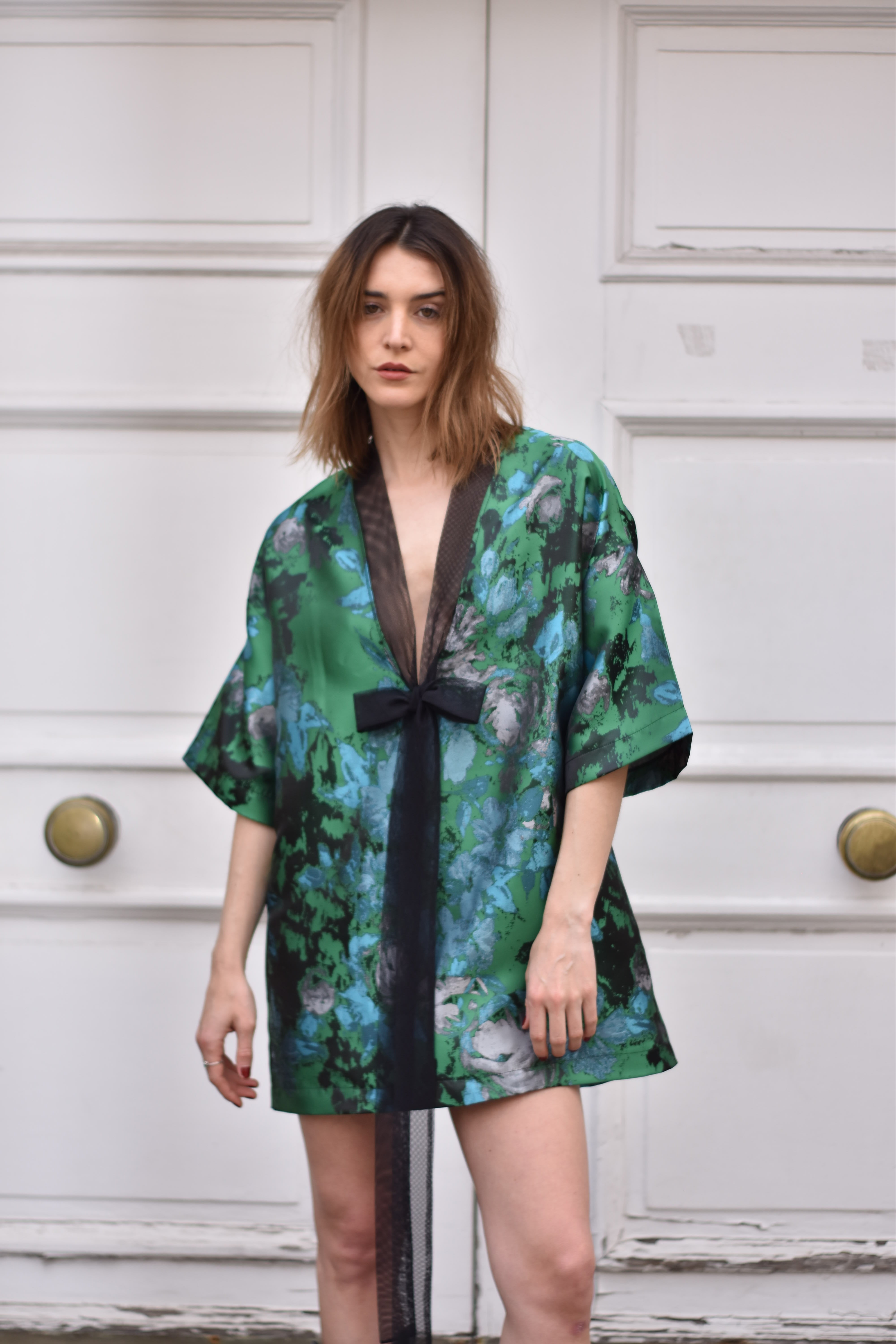 Vestido Satin Flores Verde