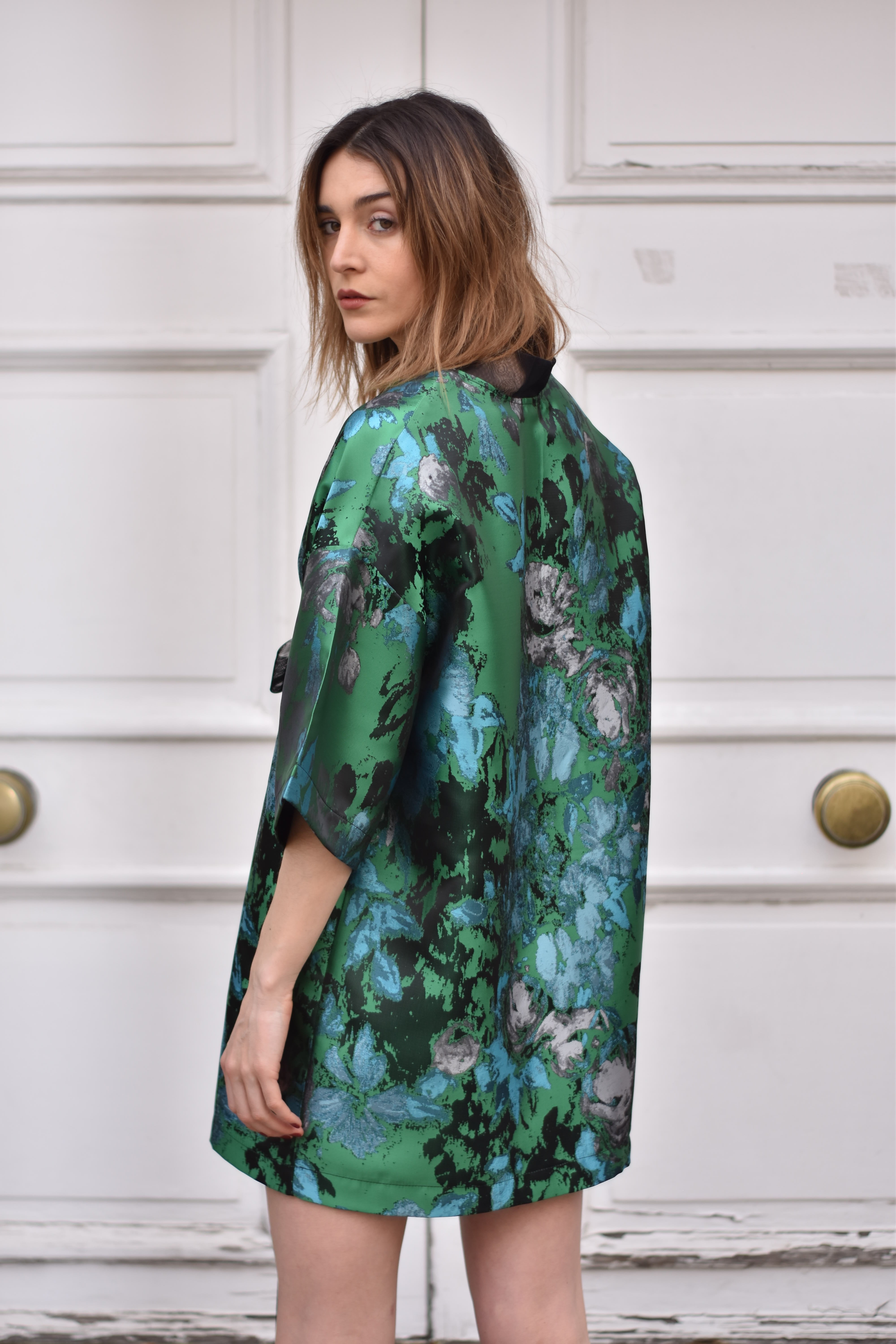Vestido Satin Flores Verde