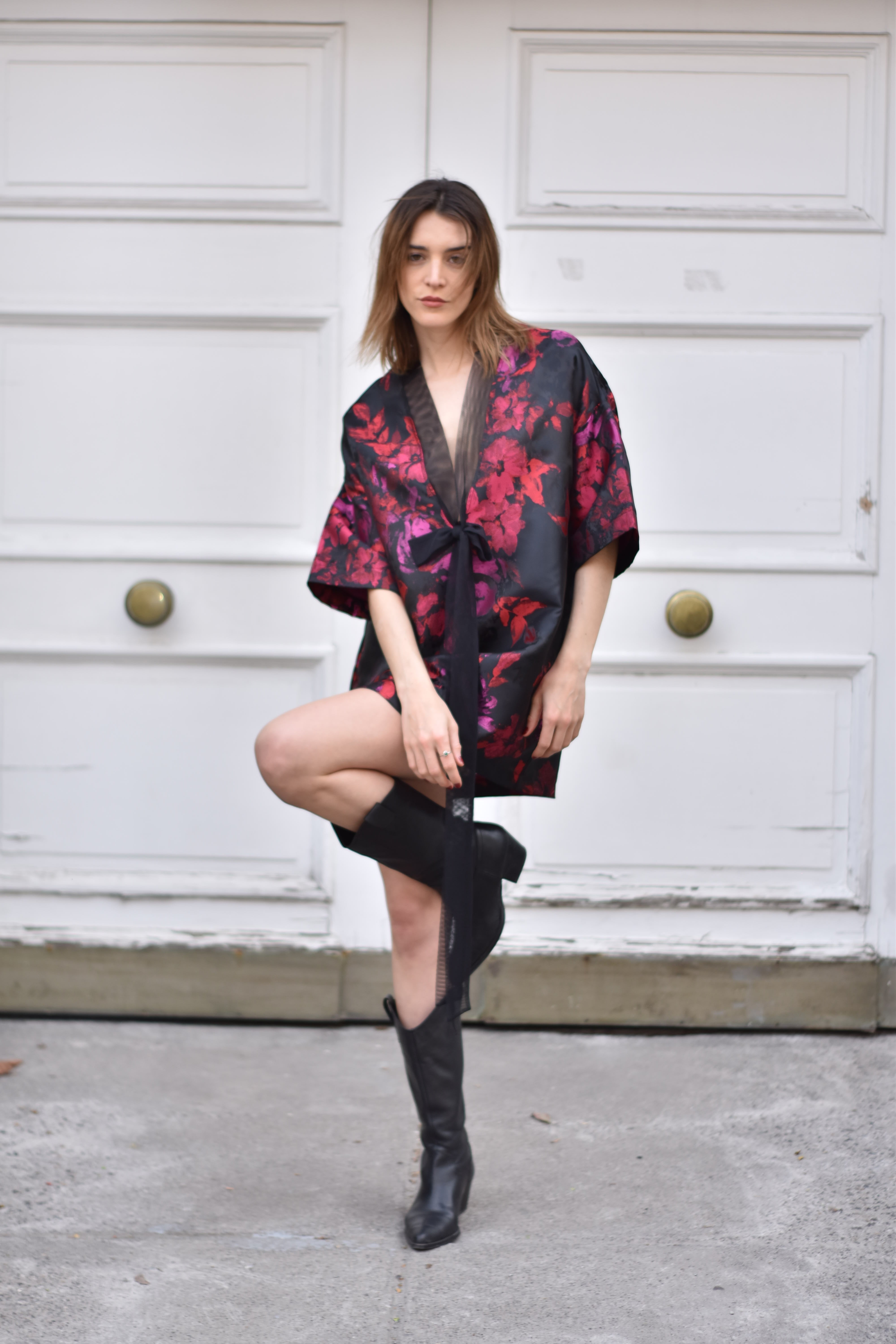Vestido Satin Flores Rojo