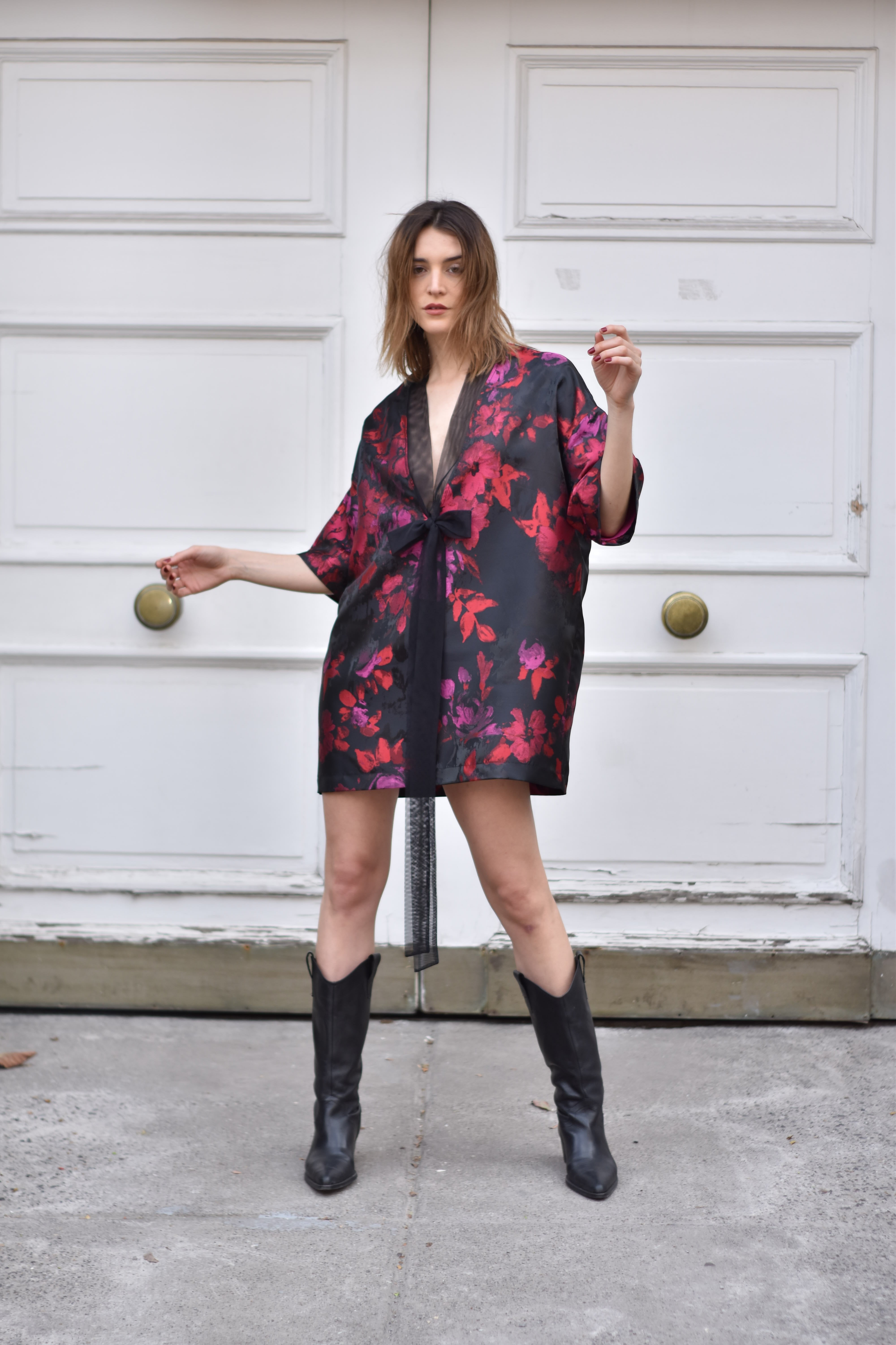 Vestido Satin Flores Rojo