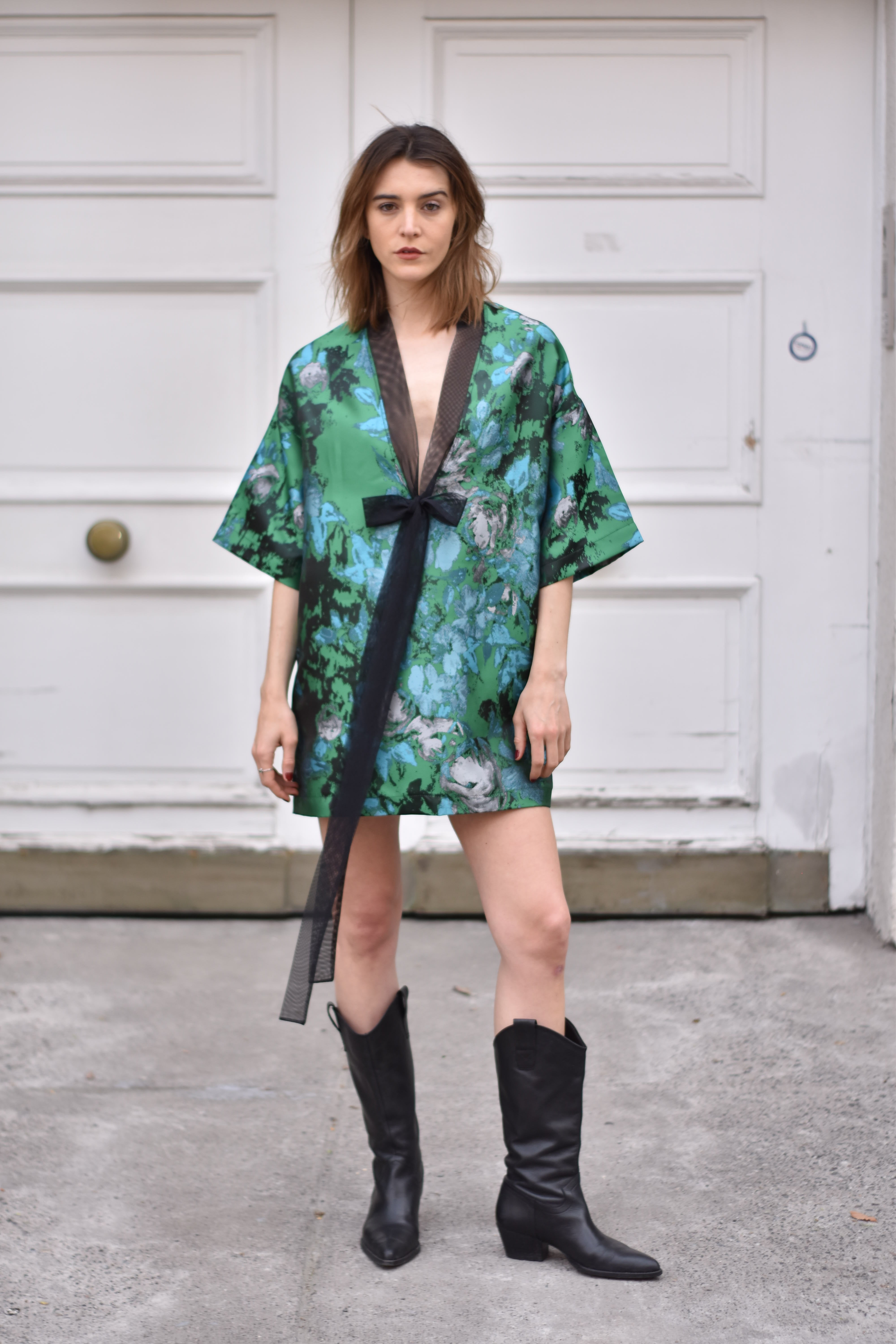 Vestido Satin Flores Verde